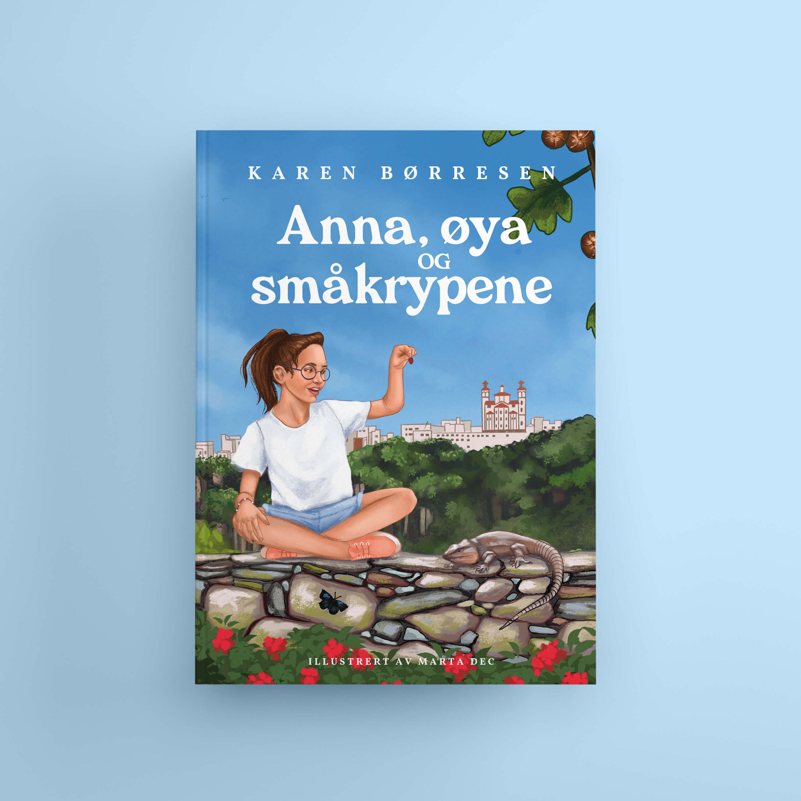 Cover of "Anna, øya og småkrypene", a children's book about a young girl discovering Canary Islands and various creatures.