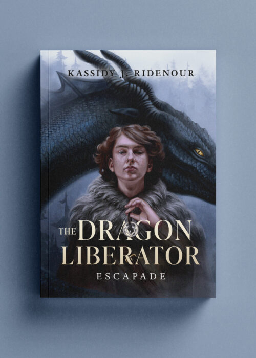 Front book cover of "Dragon Liberator", a fantasy novel by Kassidy Ridenour. Illustration shows a young man holding an amulet with a black dragon behind him.