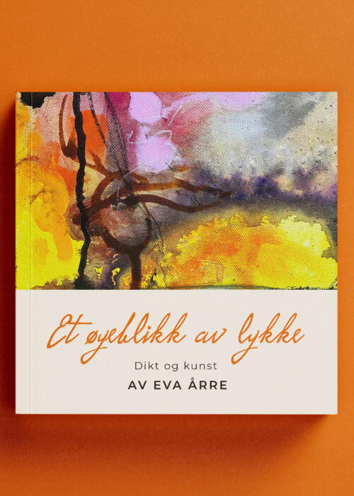 "Et øyeblikk av lykke" - front cover of a poetry book with an abstract, yellow and pink painting.