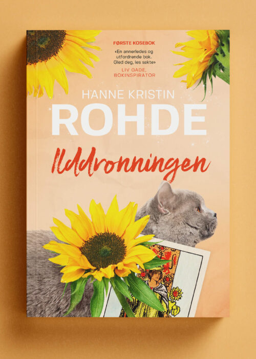 "Ilddronningen" - front cover with a cat, a sunflower, and a tarot card.