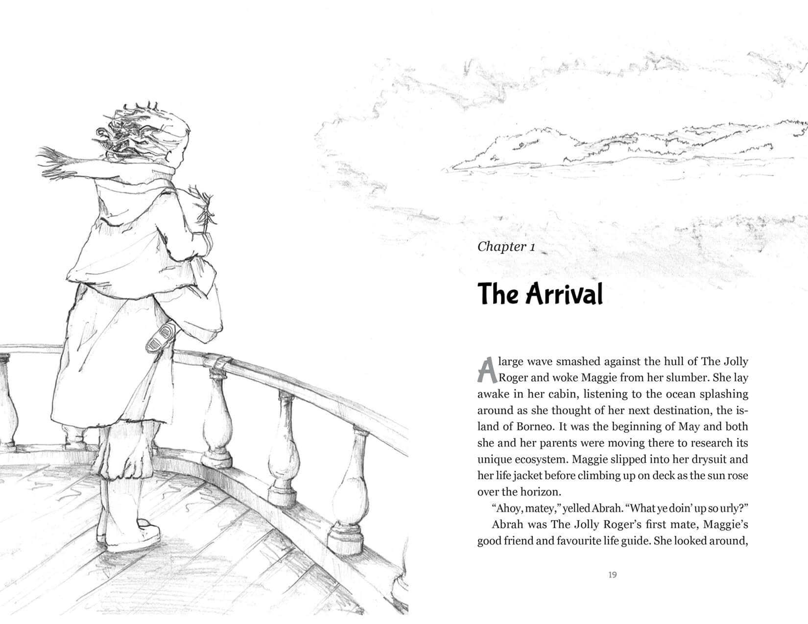 A unique chapter opening spread in book interior layout, with a pencil illustration.