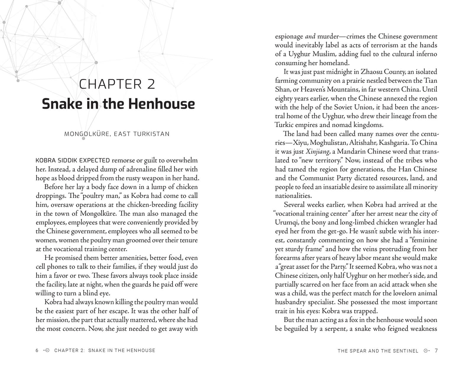 Chapter spread from "The Spear and the Sentinel" by J. Hancock - a unique layout for a thriller novel.