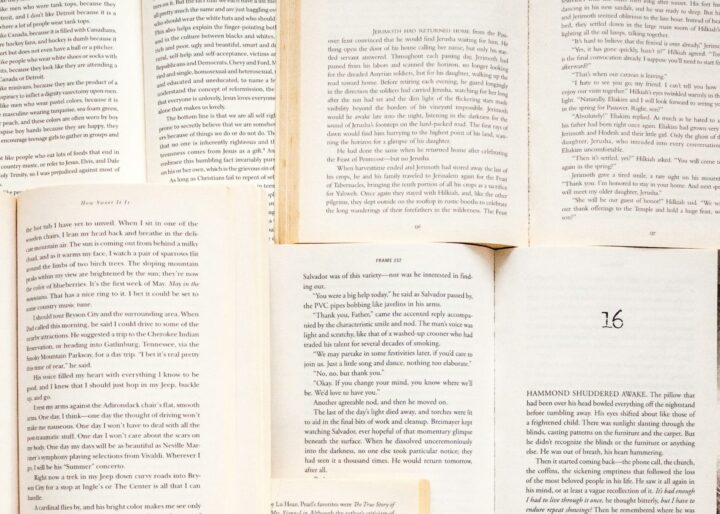 A photo of multiple books opened on random pages.