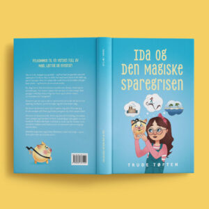 A 3D mockup showing the full cover of "Ida og den magiske sparegrisen". The cover is light blue with yellow text at the top, showing a girl holding a gold piggy bank.
