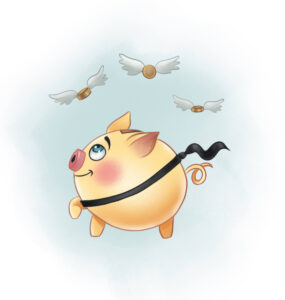 Illustration to a children's book, Ida og den magiske sparegrisen, showing a yellow piggy bank in a black tie, looking at flying coins above.