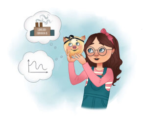 Illustration to a children's book, Ida og den magiske sparegrisen, showing a girl holding up a yellow piggy bank.