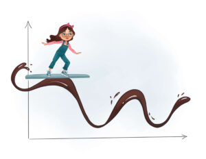 Illustration to a children's book, Ida og den magiske sparegrisen, showing a girl surfing on a wave of chocolate on a graph.