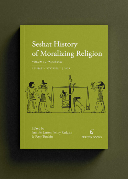 "Seshat History of Moralizing Religion" - front cover mockup of a light green cover with a black illustration and white text.