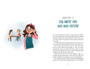 A spread from the book layout of "Ida og den magiske sparegrisen", with an illustration to the left, and chapter title to the right.