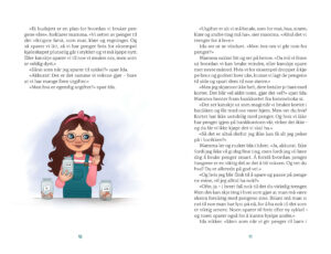 A spread from the book layout of "Ida og den magiske sparegrisen", with an illustration to the left, and text to the right and above.