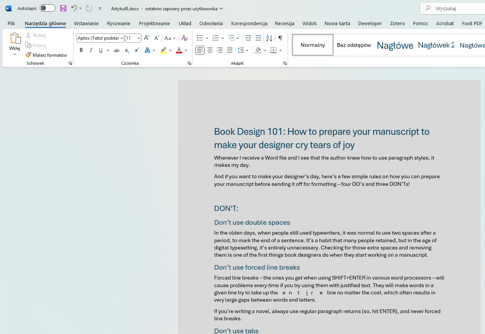 Screenshot from Word for the article "How to prepare your manuscript".